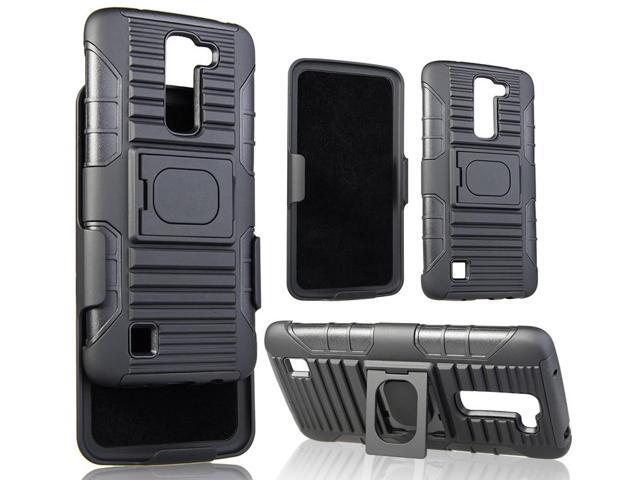 BLACK GRIP RING CASE + BELT CLIP HOLSTER STAND FOR LG TRIBUTE-5, TREASURE, K7