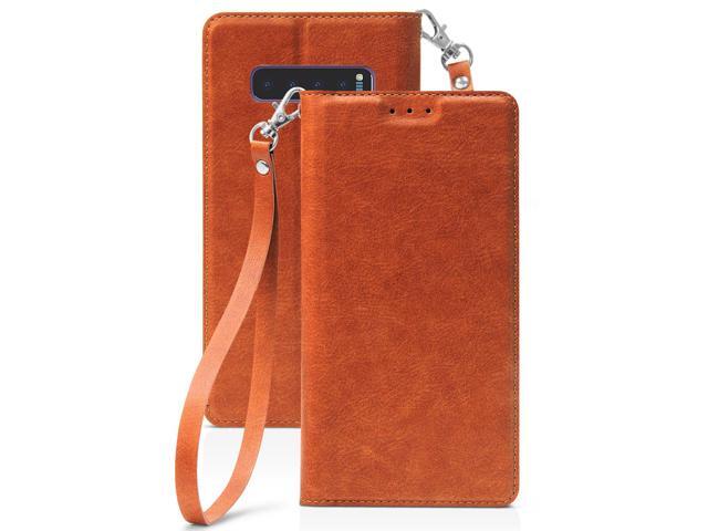 Brown Wallet Case Credit Card Slot Cover Wrist Strap for Samsung Galaxy S10 Plus