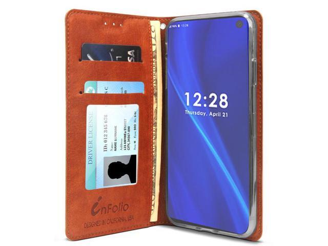Brown Wallet Case Credit Card Slot Cover Wrist Strap for Samsung Galaxy S10 Plus