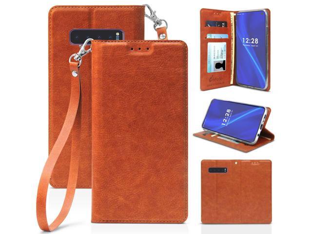 Brown Wallet Case Credit Card Slot Cover Wrist Strap for Samsung Galaxy S10 Plus