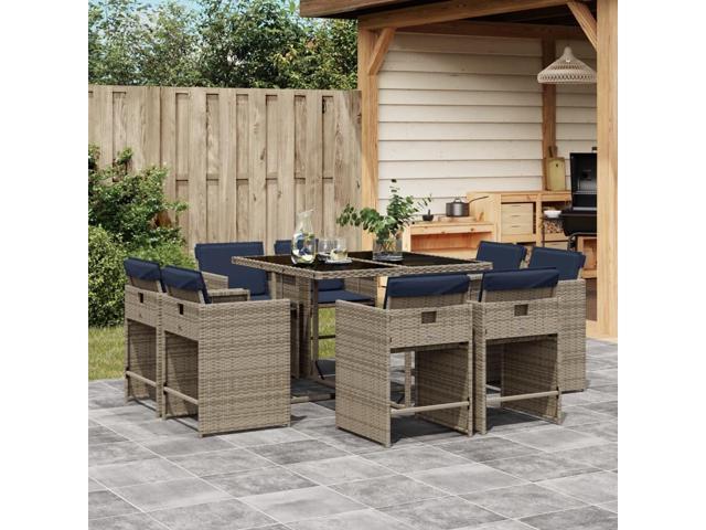 Photos - Garden Furniture VidaXL Patio Dining Set with Cushions  9 Piece Gray Poly Rattan 3277968 