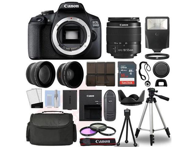 Canon EOS 2000D / Rebel T7 SLR Camera + 3 Lens Kit 18-55mm + 16GB + Flash & More
