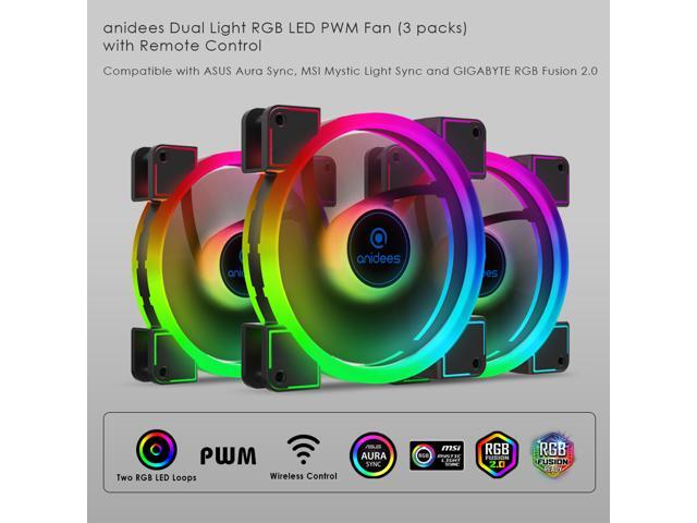 anidees AI Aureola Duo 120mm 3pcs RGB PWM Dual Light Loop Fan Compatible with 5V 3pins addressable RGB Header, for PC case Fan, Cooler Fan,...