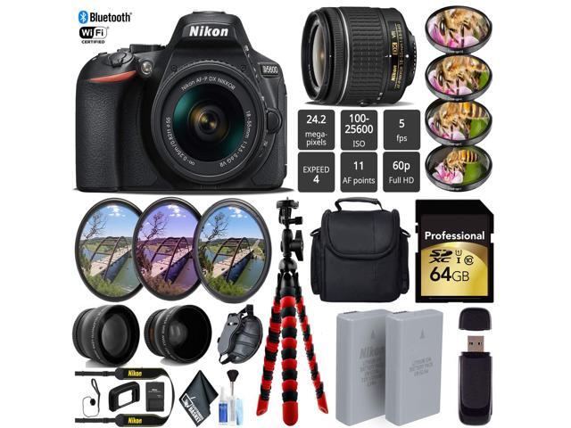 Nikon D5600 DSLR Wi-FI NFC 24.2MP DX CMOS Camera AF-P 18-55mm VR Lens + LED Light kit + Wide Angle & Telephoto Lens - (Intl Model)