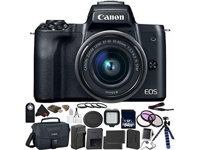 Canon EOS M50 Mirrorless Digital Camera with 15-45mm Lens Bundle with 64GB Memory Card + Tripod + 2x Spare Battery + LED Light + More - Intl Model