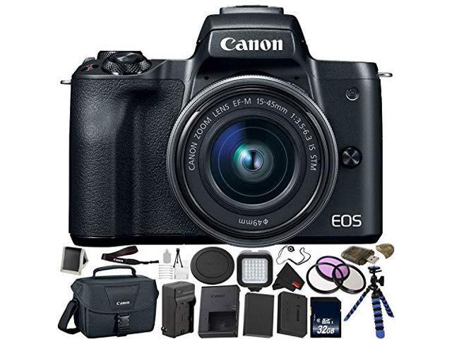 Canon EOS M50 Mirrorless Digital Camera with 15-45mm Lens Bundle with 32GB Memory Card + Tripod + Spare Battery + LED Light + More - Intl Model