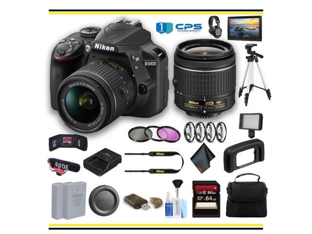 Nikon D3400 DSLR Camera with 18-55mm Lens Professional Bundle W/ Bag, Extra Battery, LED Light, Mic, Filters, Tripod, Monitor and More
