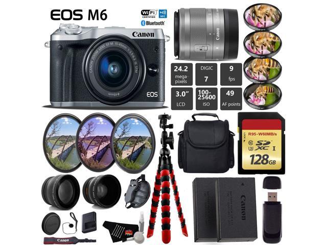 Canon EOS M6 Mirrorless Digital Camera (Silver) + EF-M 15-45mm Lens + UV FLD CPL Filter Kit + 4 PC Macro Kit + Wide Angle & Telephoto Lens + Camera...