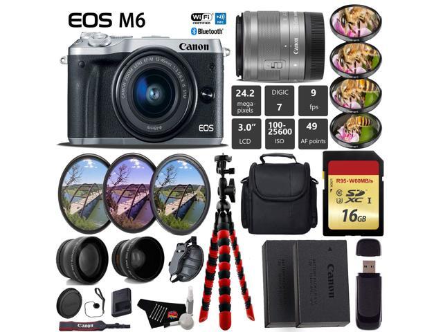 Canon EOS M6 Mirrorless Digital Camera (Silver) + EF-M 15-45mm Lens + UV FLD CPL Filter Kit + 4 PC Macro Kit + Wide Angle & Telephoto Lens + Camera...