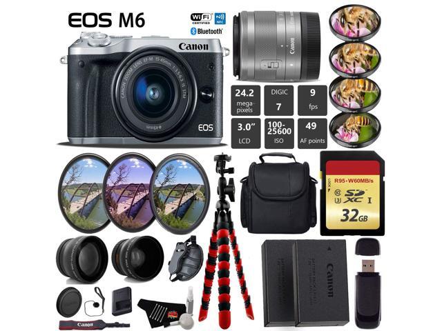 Canon EOS M6 Mirrorless Digital Camera (Silver) + EF-M 15-45mm Lens + UV FLD CPL Filter Kit + 4 PC Macro Kit + Wide Angle & Telephoto Lens + Camera...