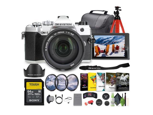 OM SYSTEM OM-5 Mirrorless Camera with 14-150mm F4-5.6 II lens - Silver (black lens) + 64GB SF-M Tough Series UHS-II SDXC Memory Card + Professional...