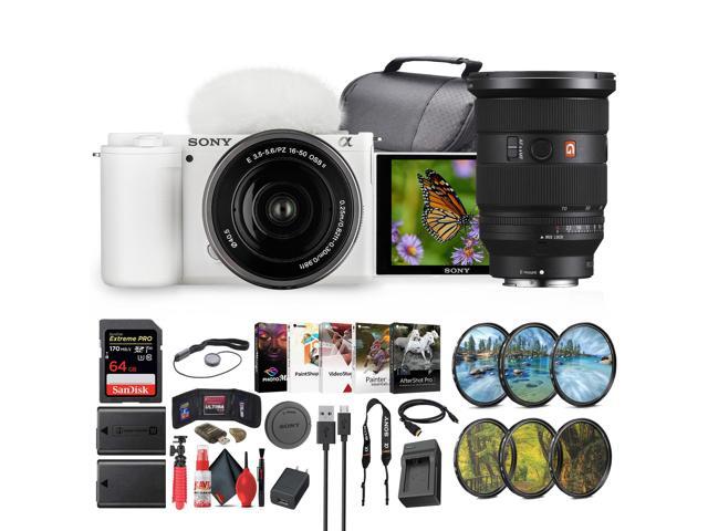 Sony ZV-E10 Mirrorless Camera W/ 16-50mm II Lens (White) + Sony 18-105mm Lens + 64GB + More