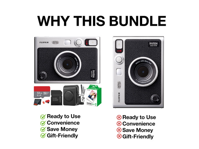Fujifilm Instax Mini EVO Instant Film Camera (Black) with 20 Films + 32GB Card