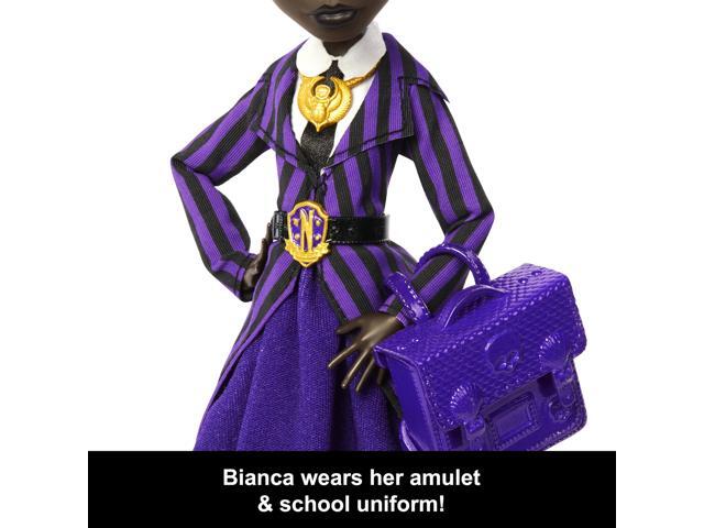 Monster High x Wednesday Doll and Accessories, Bianca Barclay Collectible in Nevermore Academy Uniform with Siren Amulet, Backpack and Doll Stand