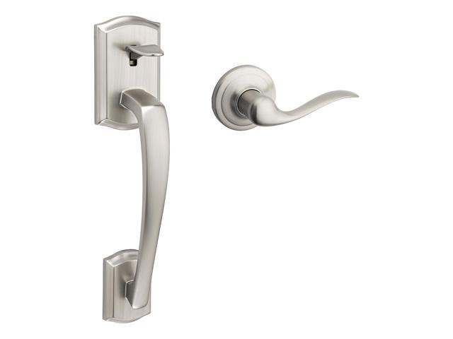 Kwikset Prescott Front Door Handle No Lock, Entry Handleset Exterior with Interior Reversible Handed Lever, Non-Locking, Satin Nickel, Deadbolt Not.