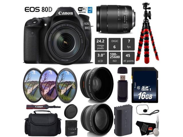 Canon EOS 80D DSLR Camera with 18-135mm is STM Lens + Tripod + UV FLD CPL Filter Kit + Wide Angle & Telephoto Lens + Camera Case + Card Reader -...