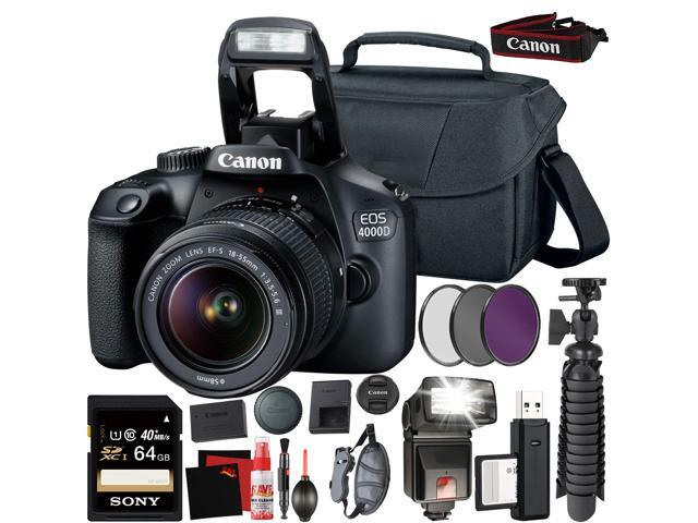 Canon EOS 4000D DSLR Camera and EF-S 18-55 mm f/3.5-5.6 III Lens + 64GB Memory Card + Camera Bag + Cleaning Kit + Table Tripod + Flash + Filters +...