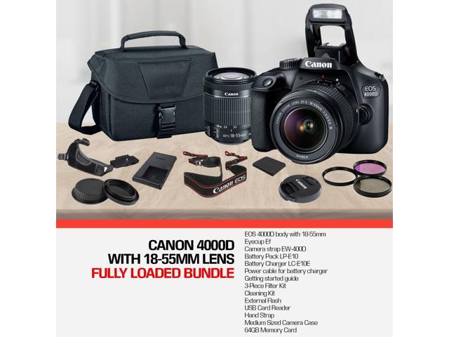 Canon EOS 4000D DSLR Camera and EF-S 18-55 mm f/3.5-5.6 III Lens + 64GB Memory Card + Camera Bag + Cleaning Kit + Table Tripod + Flash + Filters +...