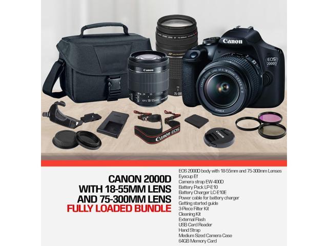 Canon EOS 2000D (Rebel t7) DSLR Camera and EF-S 18-55 mm f/3.5-5.6 IS III Lens + 75-300mm Telephoto Zoom Lens + 64GB Memory Card + Camera Bag +...
