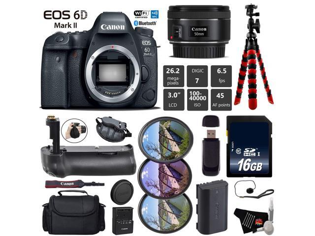Canon EOS 6D Mark II DSLR Camera with 50mm f/1.8 STM Lens + Tripod + Professional Battery Grip + UV FLD CPL Filter Kit + Case + Wrist Strap + Card...
