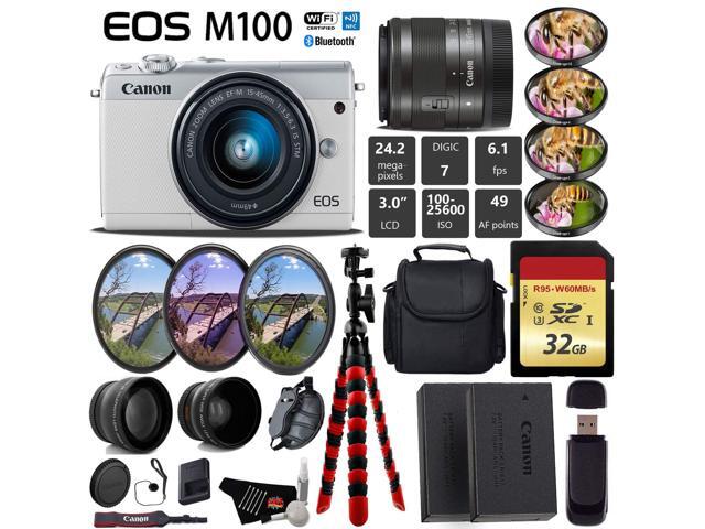 Canon EOS M100 Mirrorless Digital Camera (White) with 15-45mm Lens + UV FLD CPL Filter Kit + 4 PC Macro Kit + Wide Angle & Telephoto Lens + Camera...