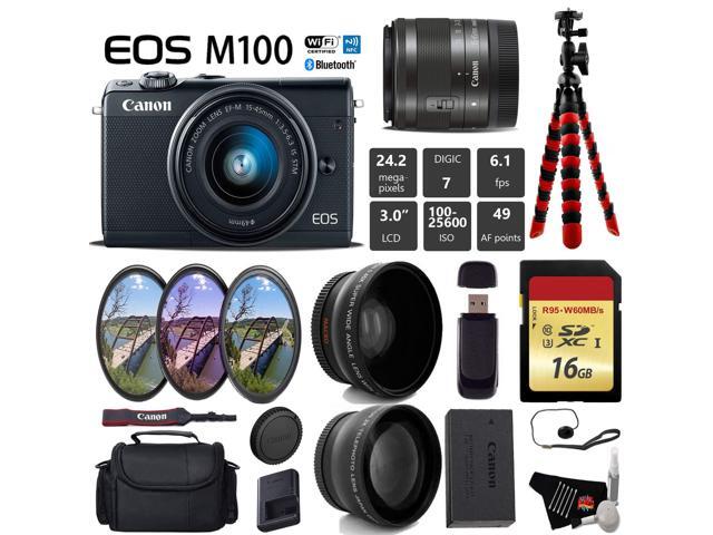 Canon EOS M100 Mirrorless Digital Camera (Black) with 15-45mm Lens + UV FLD CPL Filter Kit + Wide Angle & Telephoto Lens + Camera Case + Tripod +...