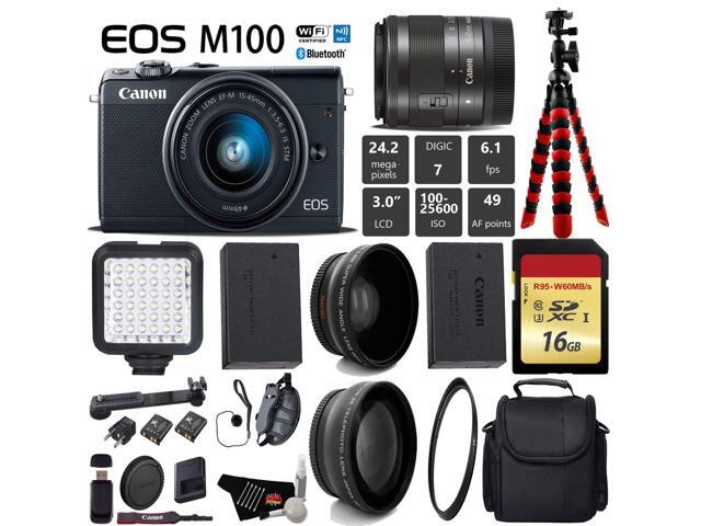 Canon EOS M100 Mirrorless Digital Camera (Black) with 15-45mm Lens + LED + UV FLD CPL Filter Kit + Wide Angle & Telephoto Lens + Camera Case +...