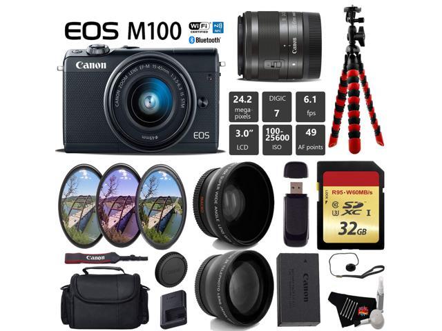 Canon EOS M100 Mirrorless Digital Camera (Black) with 15-45mm Lens + UV FLD CPL Filter Kit + Wide Angle & Telephoto Lens + Camera Case + Tripod +...