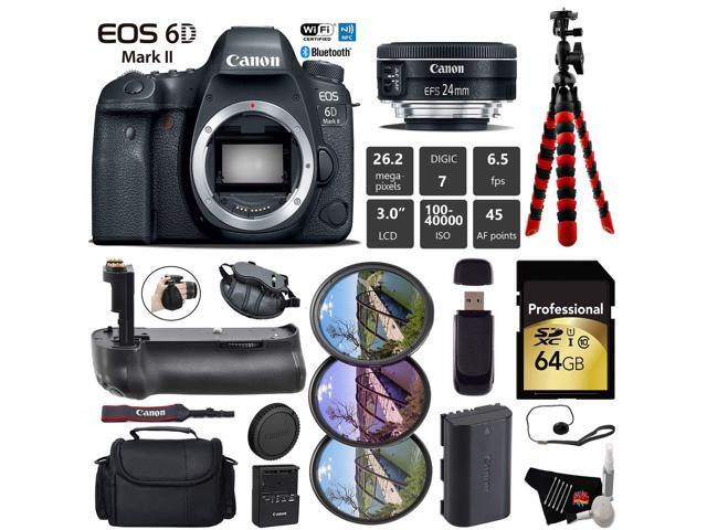 Canon EOS 6D Mark II DSLR Camera with 24mm f/2.8 STM Lens + Professional Battery Grip + UV FLD CPL Filter Kit + Case + Wrist Strap + Tripod + Card...