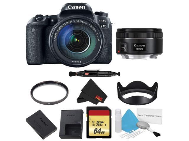 Canon EOS 77D DSLR Camera with 18-135mm Lens Bundle w/ Memory Kit + Bonus 50mm Lens (Intl Model)