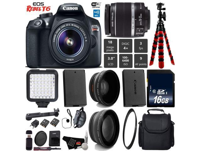 Canon EOS Rebel T6 DSLR Camera with 18-55mm IS II Lens + LED + UV FLD CPL Filter Kit + Wide Angle & Telephoto Lens + Camera Case + Tripod + Card...