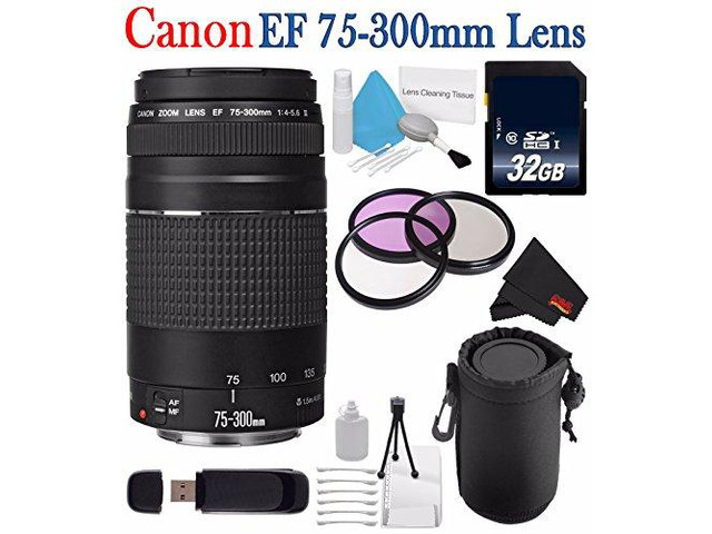 Canon EF 75-300mm f/4-5.6 III Telephoto Zoom Lens 6473A003 + 58mm 3 Piece Filter Kit + SD Card USB Reader + 32GB SDHC Class 10 Memory Card + Deluxe...