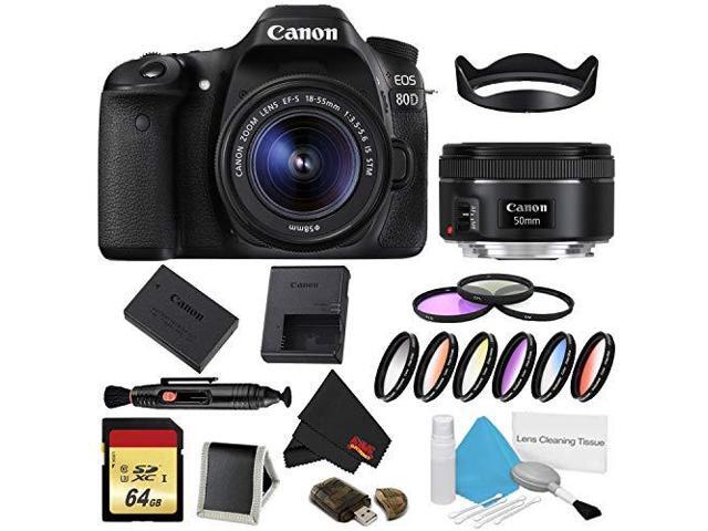Canon EOS 80D DSLR Camera with 18-55mm Lens Bundle w/ 9 Piece Filter & Memory Kit + 50mm Lens (Intl Model)