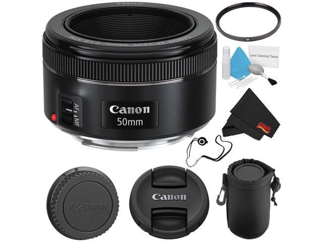 Canon EF 50mm f/1.8 STM Lens (Intl Model) + 49mm UV Filter + Deluxe Lens Pouch + Deluxe Cleaning Kit + Lens Cap Keeper + MicroFiber Cloth Bundle