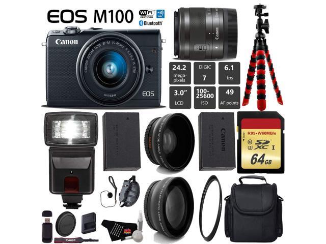 Canon EOS M100 Mirrorless Digital Camera (Black) with 15-45mm Lens + Flash + UV FLD CPL Filter Kit + Wide Angle & Telephoto Lens + Camera Case +...