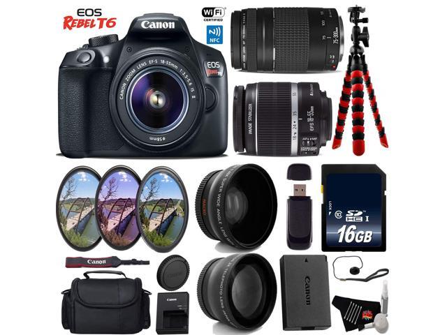 Canon EOS Rebel T6 DSLR Camera with 18-55mm IS II Lens & 75-300mm III Lens + UV FLD CPL Filter Kit + Wide Angle & Telephoto Lens + Camera Case +...