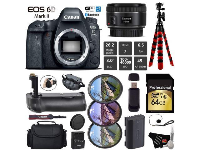 Canon EOS 6D Mark II DSLR Camera with 50mm f/1.8 STM Lens + Professional Battery Grip + UV FLD CPL Filter Kit + Case + Wrist Strap + Tripod + Card...