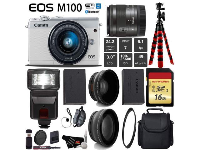 Canon EOS M100 Mirrorless Digital Camera (White) with 15-45mm Lens + Flash + UV FLD CPL Filter Kit + Wide Angle & Telephoto Lens + Camera Case +...