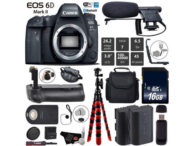 Canon EOS 6D Mark II DSLR Camera (Body Only) + Wrist Strap + Professional Battery Grip + Condenser Microphone + Extra Battery + Case + Tripod +...