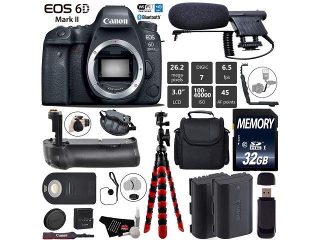 Canon EOS 6D Mark II DSLR Camera (Body Only) + Tripod + Professional Battery Grip + Condenser Microphone + Extra Battery + Case + Wrist Strap +...