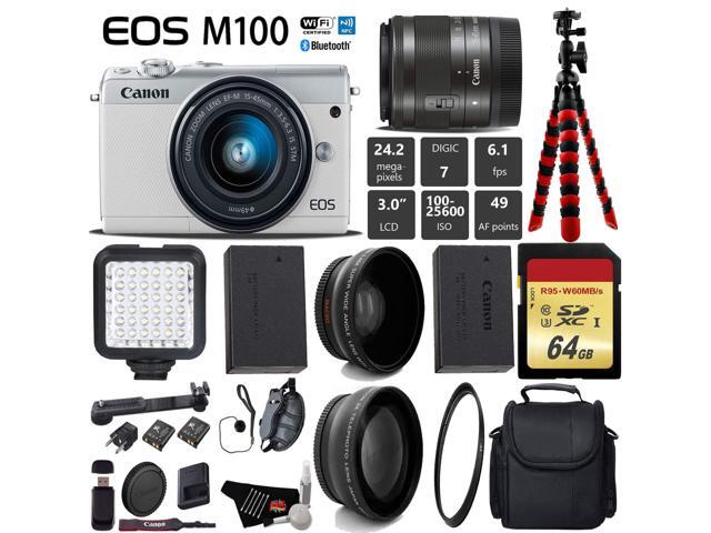 Canon EOS M100 Mirrorless Digital Camera (White) with 15-45mm Lens + LED + UV FLD CPL Filter Kit + Wide Angle & Telephoto Lens + Camera Case +...