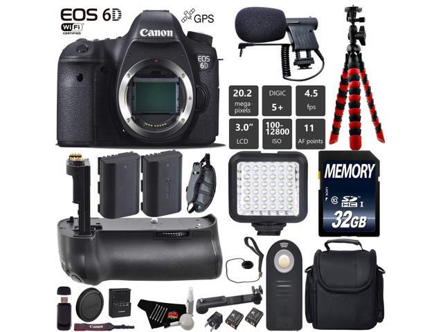 Canon EOS 6D DSLR Camera (Body Only) + Wrist Strap + Professional Battery Grip + Condenser Microphone + LED Kit + Extra Battery + Case + Tripod +...