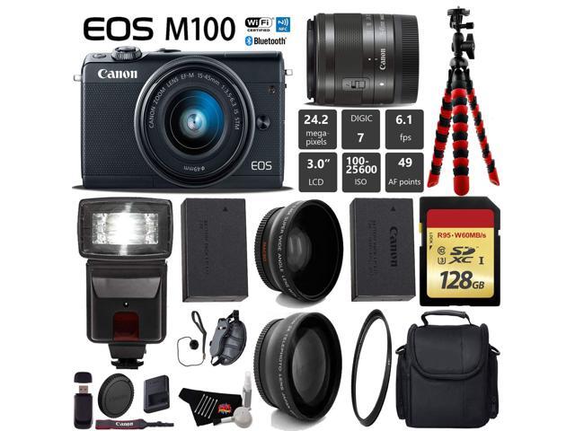 Canon EOS M100 Mirrorless Digital Camera (Black) with 15-45mm Lens + Flash + UV FLD CPL Filter Kit + Wide Angle & Telephoto Lens + Camera Case +...