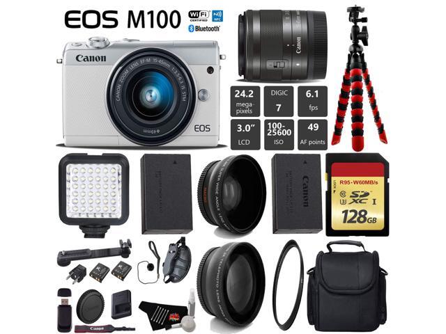 Canon EOS M100 Mirrorless Digital Camera (White) with 15-45mm Lens + LED + UV FLD CPL Filter Kit + Wide Angle & Telephoto Lens + Camera Case +...
