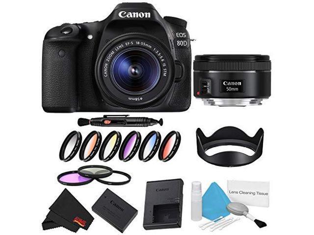 Canon EOS 80D DSLR Camera with 18-55mm Lens Bundle w/ 9 Piece Filter Kit + 50mm Lens (Intl Model)