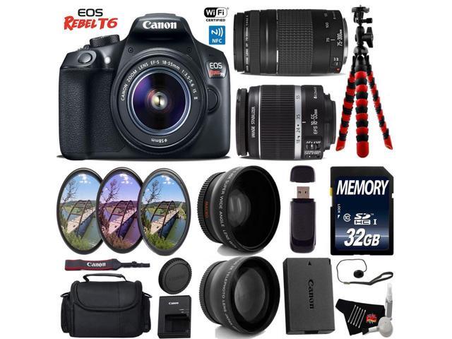 Canon EOS Rebel T6 DSLR Camera with 18-55mm IS II Lens & 75-300mm III Lens + UV FLD CPL Filter Kit + Tripod + Wide Angle & Telephoto Lens + Camera...