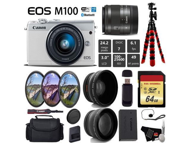 Canon EOS M100 Mirrorless Digital Camera (White) with 15-45mm Lens + UV FLD CPL Filter Kit + Wide Angle & Telephoto Lens + Camera Case + Tripod +...