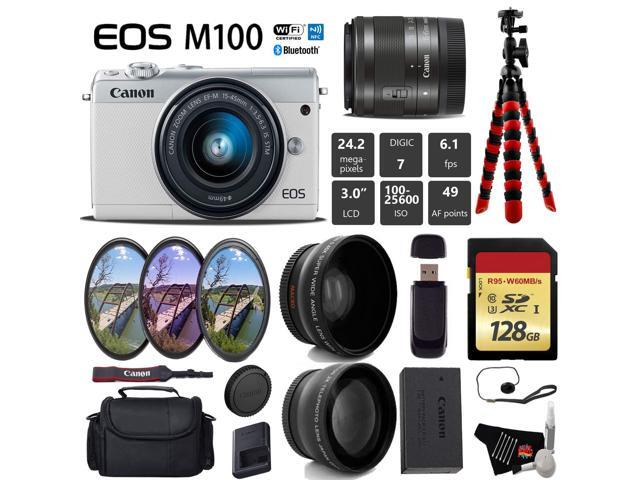 Canon EOS M100 Mirrorless Digital Camera (White) with 15-45mm Lens + UV FLD CPL Filter Kit + Wide Angle & Telephoto Lens + Camera Case + Tripod +...