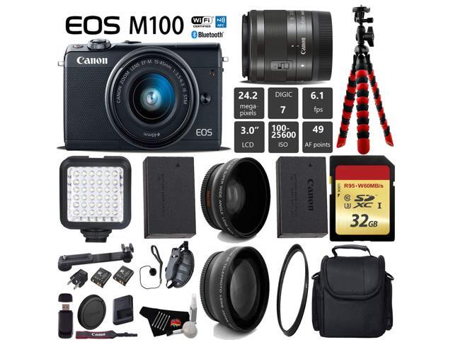 Canon EOS M100 Mirrorless Digital Camera (Black) with 15-45mm Lens + LED + UV FLD CPL Filter Kit + Wide Angle & Telephoto Lens + Camera Case +...