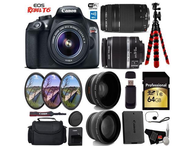 Canon EOS Rebel T6 DSLR Camera with 18-55mm IS II Lens & 75-300mm III Lens + UV FLD CPL Filter Kit + Camera Case + Wide Angle & Telephoto Lens +...
